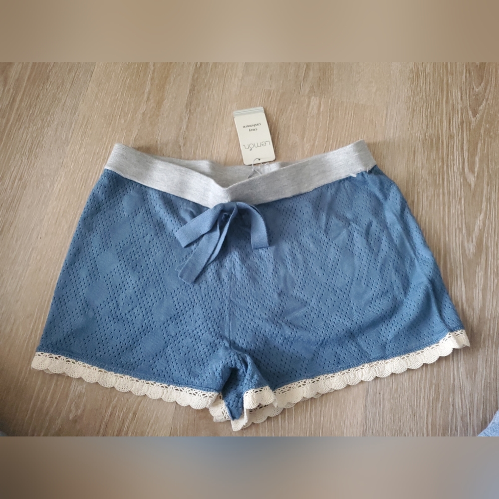 LEMON Cozy Cashmere Eyelet Bella Blue Lounge Sleepwear Shorts Womens Sz L